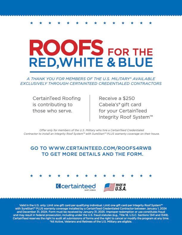 An advertisement for roofs for the red , white and blue.